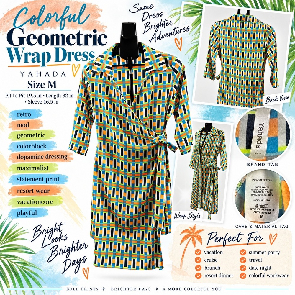 Yahada Womens Geometric Wrap Dress Colorblock, Dopamine 3/4 Sleeve Size M Retro